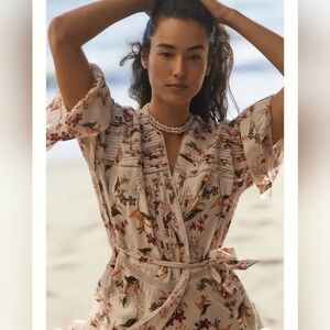 Anthropologie Pintucksd Eyelet Kimono Robe  Floral Print NWT